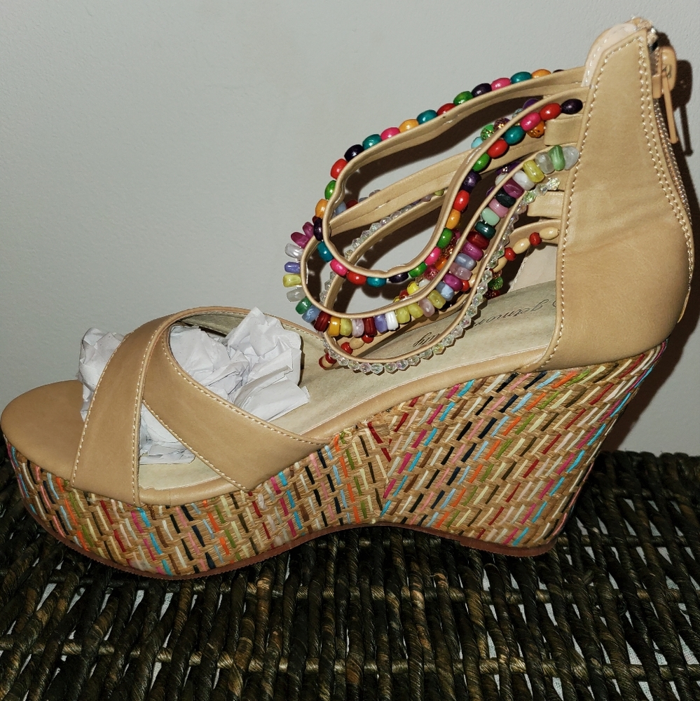 Beige Wedge Sandals with Colorful Bead Straps - Women
